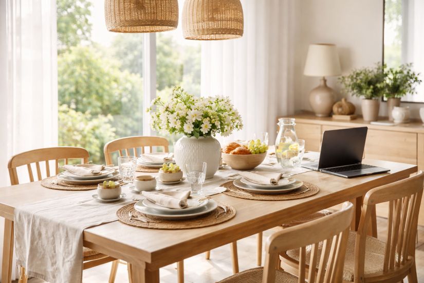 פינת אוכל מעוצבת עם שולחן עץ וכיסאות בחלל פתוח