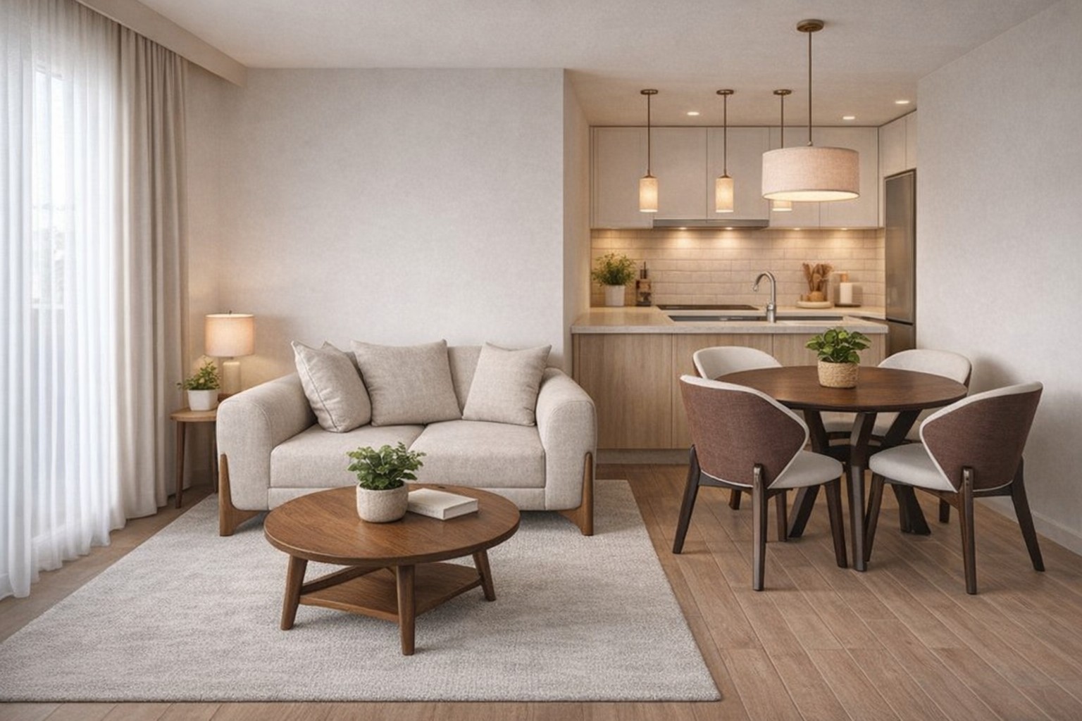 דוגמא של עיצוב סלון ומטבח בחלל אחד קטן בצורה אסטית ונכונה