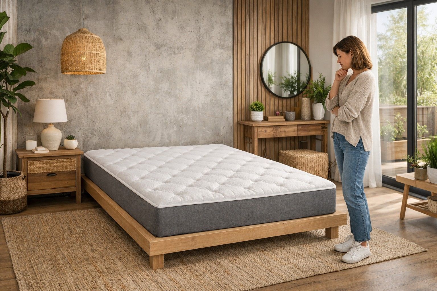 בחורה מתלבטת בין מזרון קפיצים או ספוג בחדר שינה מעוצב מבית REHOME